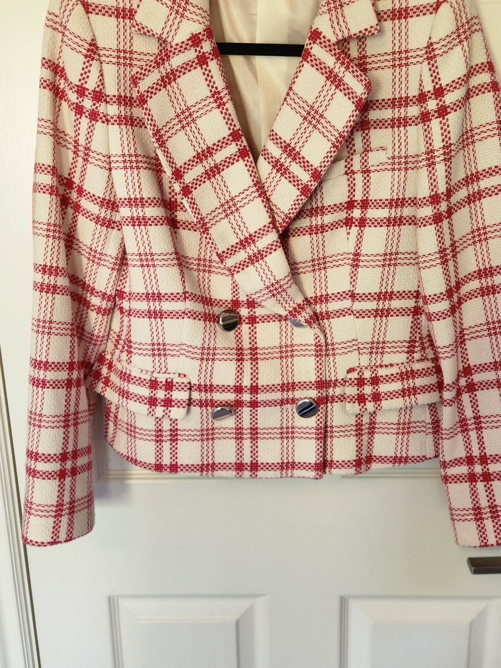 Zara Cream & Pink Plaid Double-Breasted Blazer | Cotton Blend